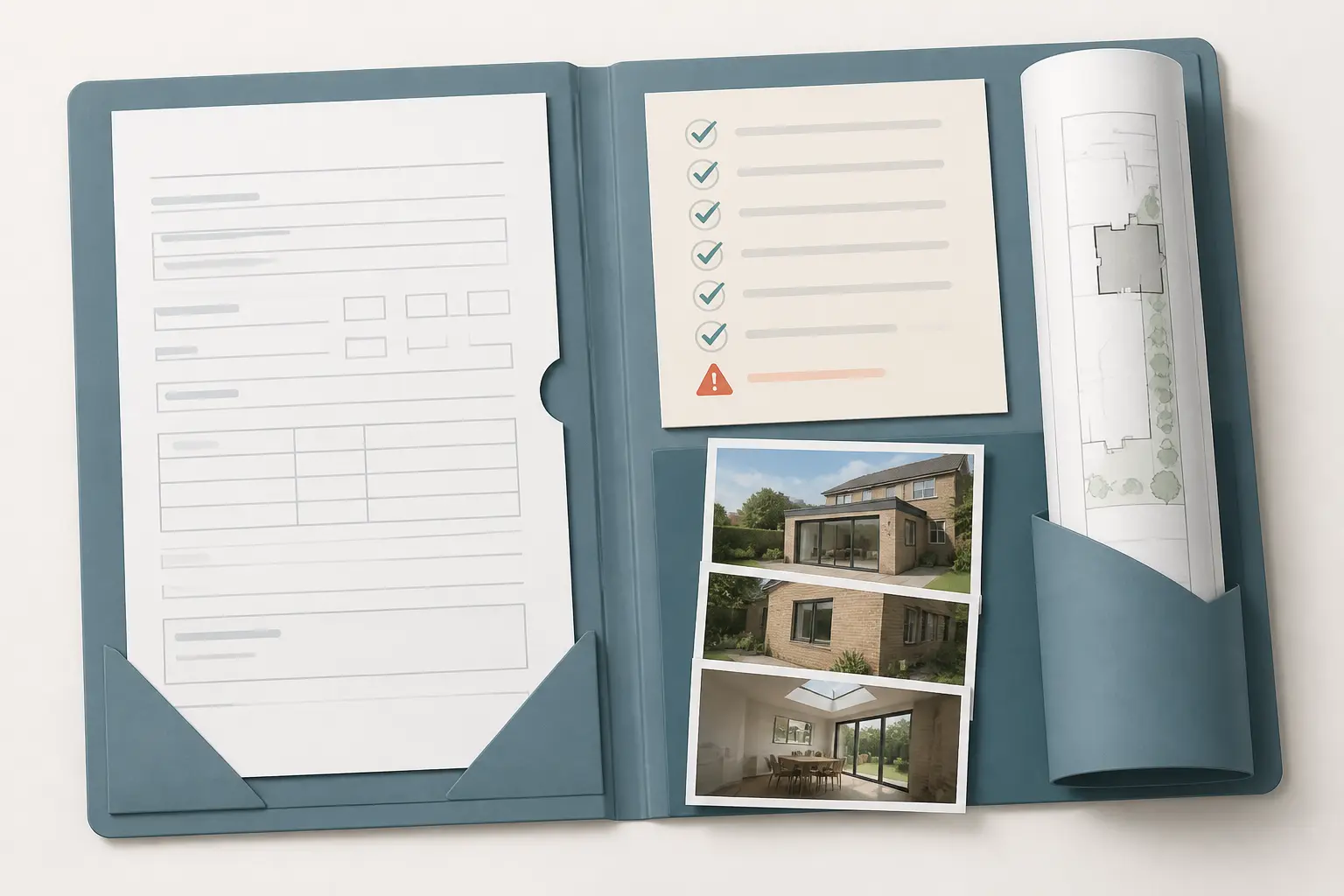 Dossier cerfa 13703 prêt à déposer pour une extension, avec formulaire, checklist, plan et photos