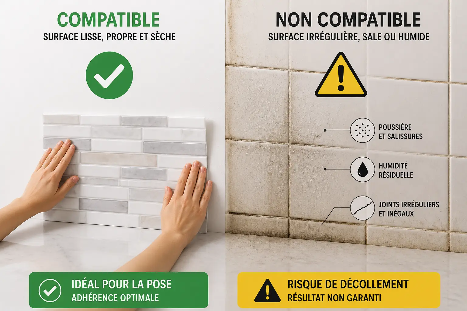 credence adhesive : compatibilité entre mur peint lisse validé et ancien carrelage à éviter
