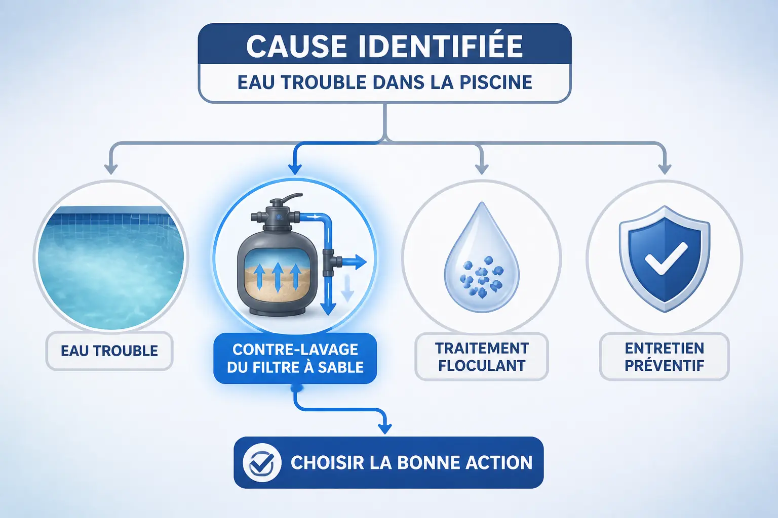 Schéma éducatif sur l’eau trouble piscine : cause identifiée, filtre à sable, floculant et prévention.