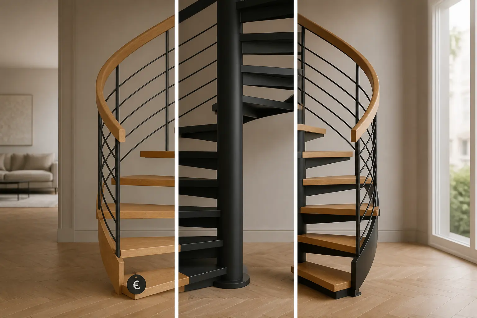 Escalier en colimaçon en bois, métal noir et mixte, avec repère de prix discret dans un intérieur contemporain.