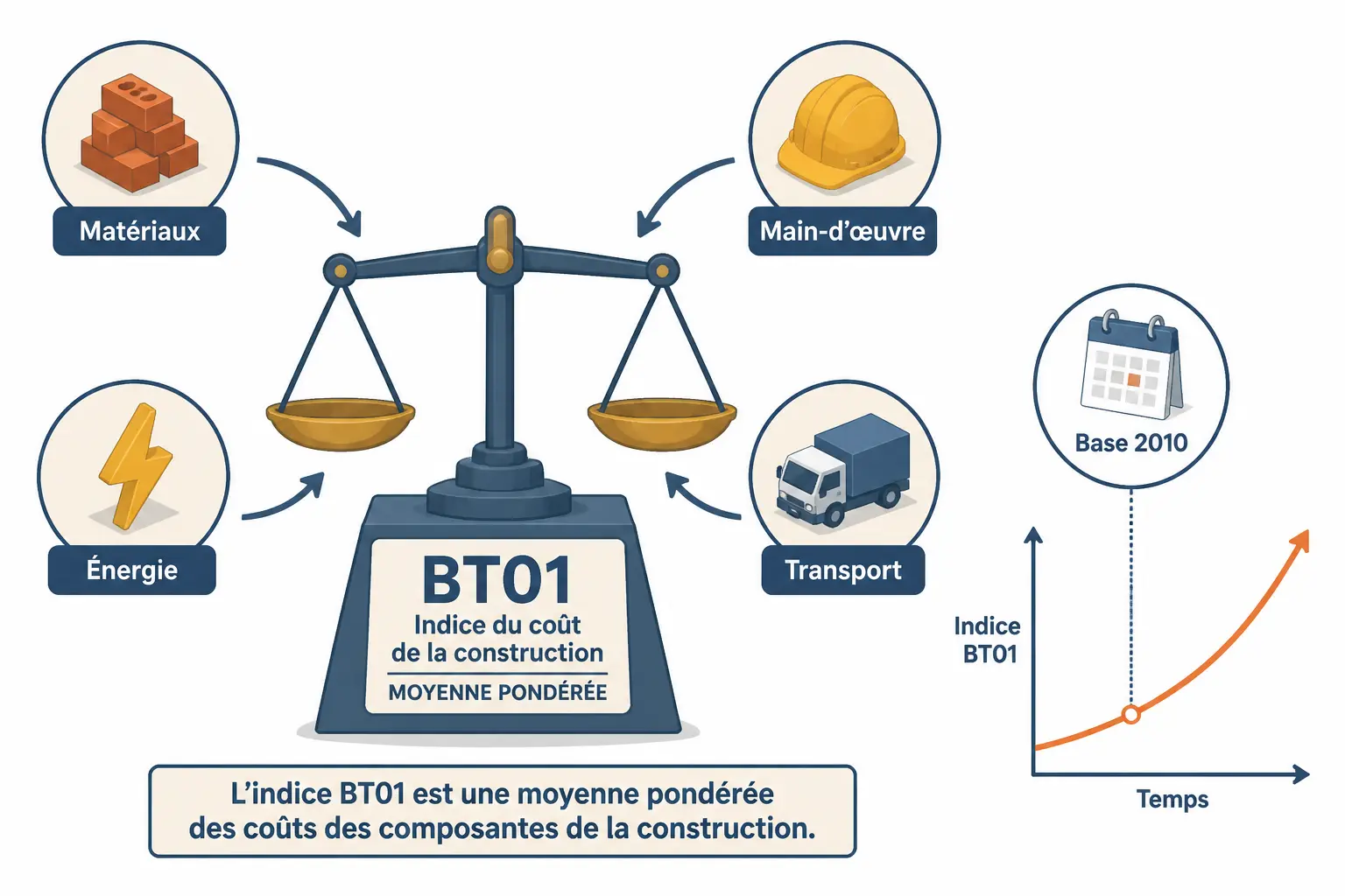 Indice bt01 : infographie du calcul pondéré des coûts du bâtiment, matériaux, main-d’œuvre, énergie et transport.