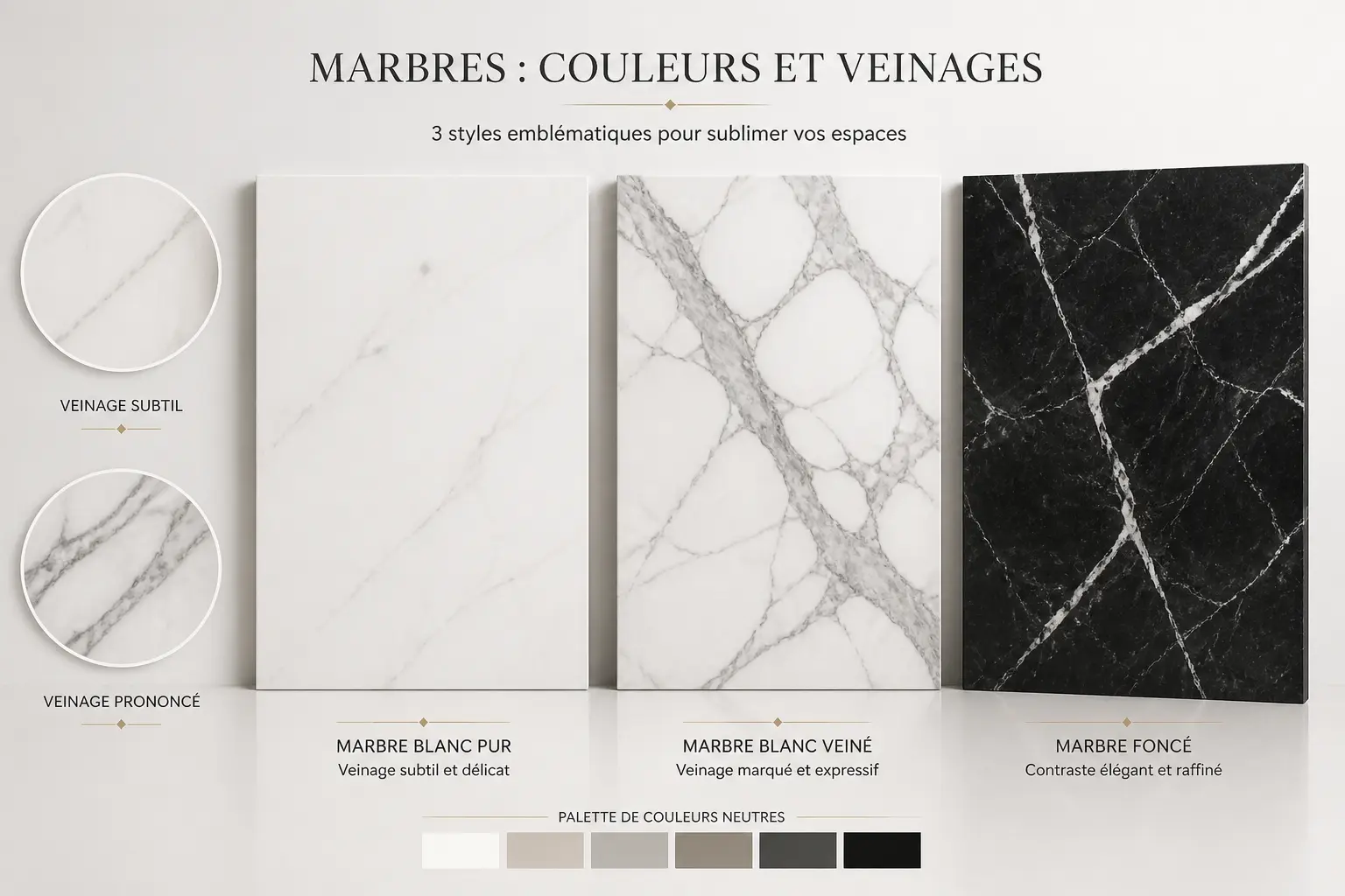 Comparatif de marbre : blanc veiné discret, blanc aux veines marquées et marbre sombre à veines blanches.