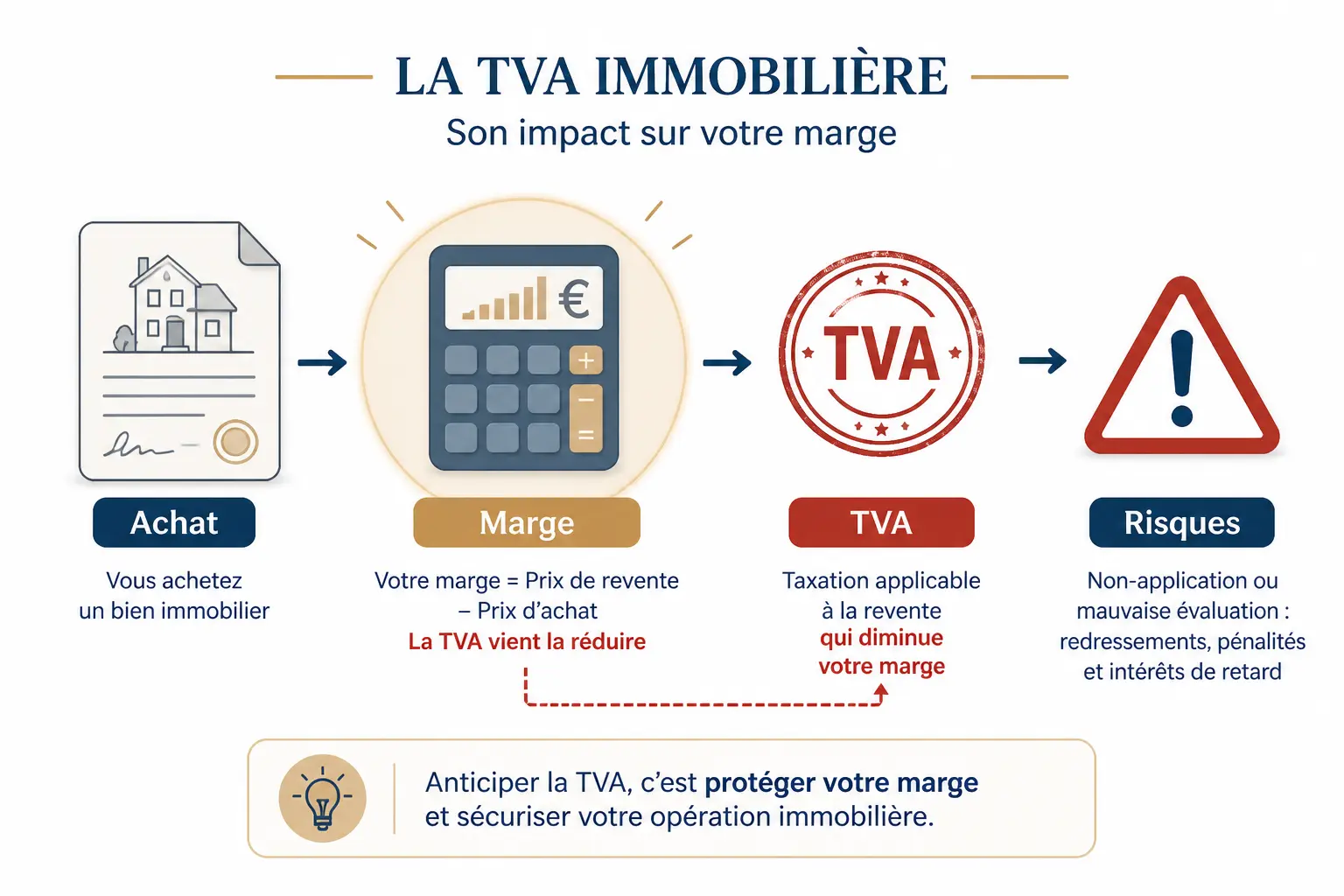 Schéma fiscal du marchand de biens : achat, marge, TVA et risques liés à la revente