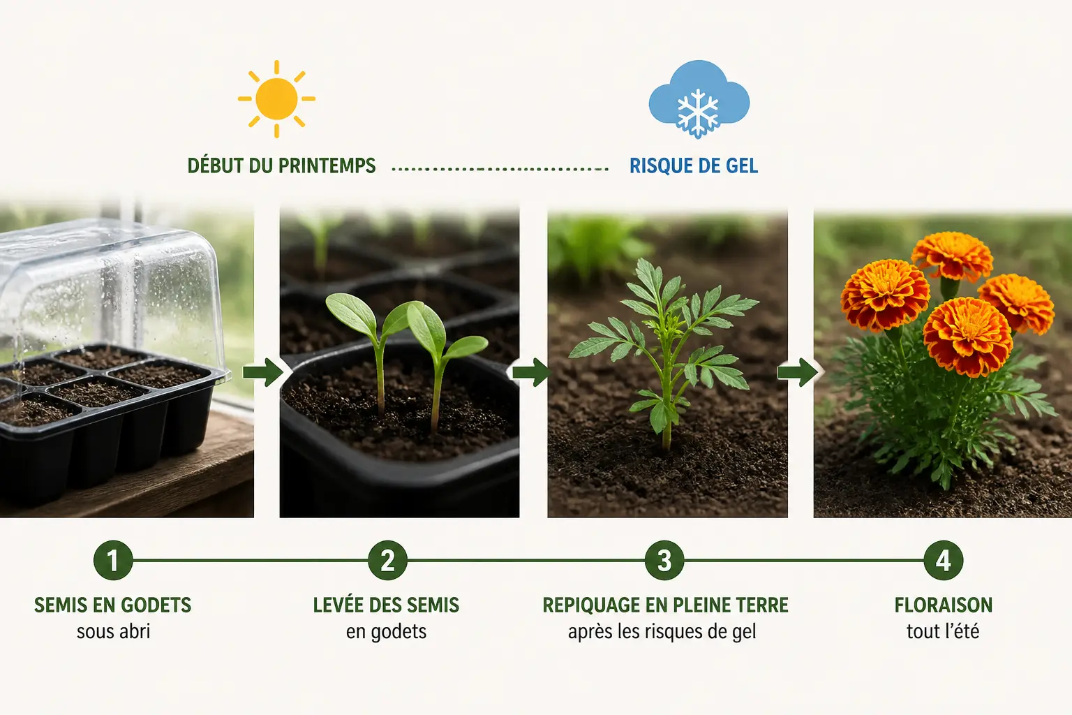 Calendrier de semis et plantation de l’oeillet d inde : semis sous abri, repiquage après gel, floraison