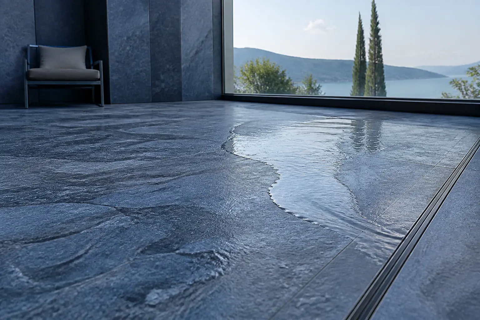 Terrasse en pierre bleu avec pente discrète vers un drain linéaire et base surélevée