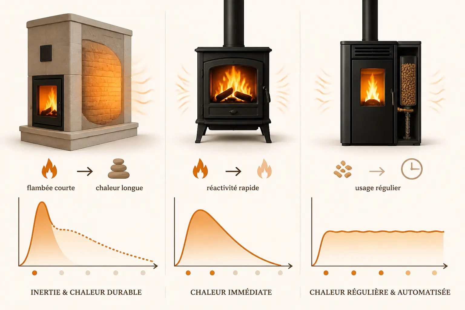 Comparatif du poele de masse, d’un poêle à bois classique et d’un poêle à granulés, avec rythmes de chaleur différents.