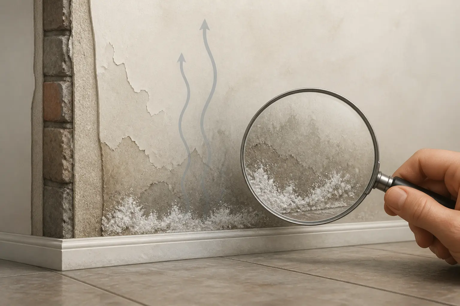 Mur intérieur humide avec salpêtre, peinture écaillée et zone sombre partant du bas, inspecté à la loupe