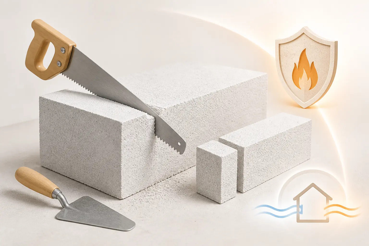 Bloc de siporex découpé pour rénovation légère, avec scie, truelle et symboles d’isolation et de feu.