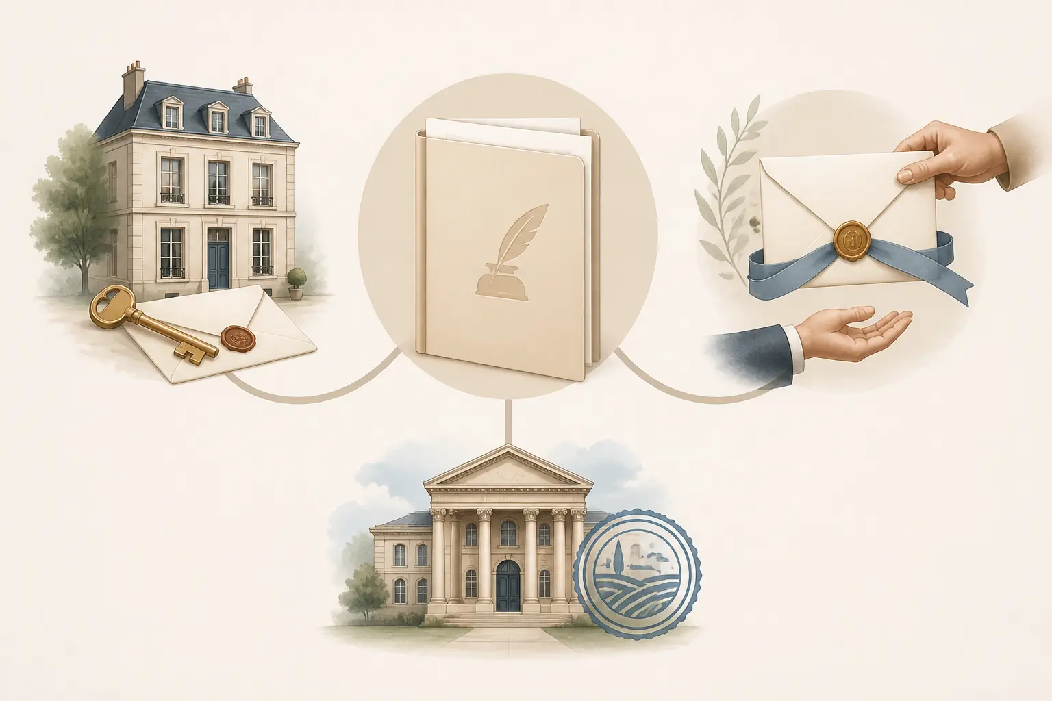 Schéma illustré pour retrouver un titre de propriété : notaire, succession ou archive foncière.