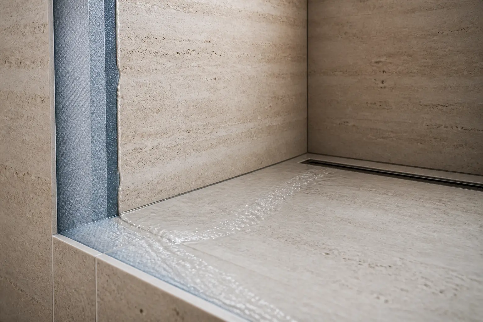 Travertin salle de bain : douche à l’italienne avec joints étanches, pente douce et drain discret.