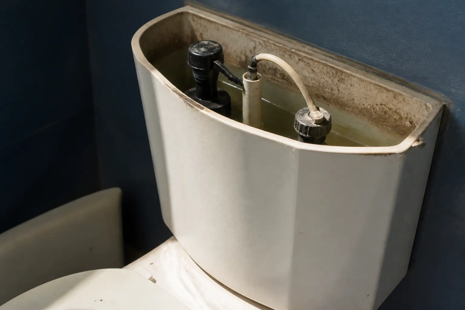 Chasse d'eau qui fuit dans une salle de bain résidentielle, cuvette et réservoir de toilettes en gros plan réaliste.