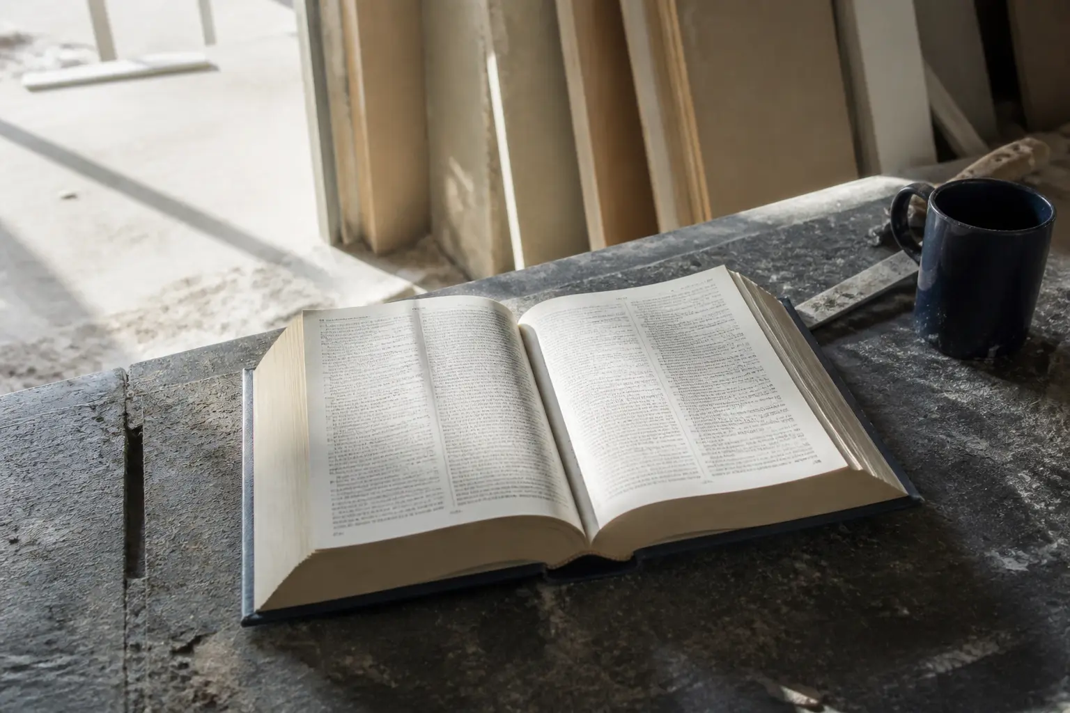 Code de la construction et de l habitation ouvert sur une table de chantier dans un appartement en rénovation, lumière naturelle et poussière visible
