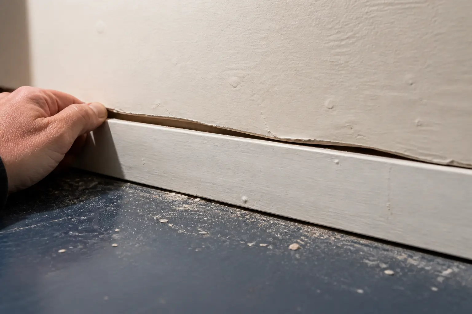 Collage plinthes : gros plan d’une plinthe décollée au bas d’un mur peint dans un couloir résidentiel, lumière dure et poussière visible