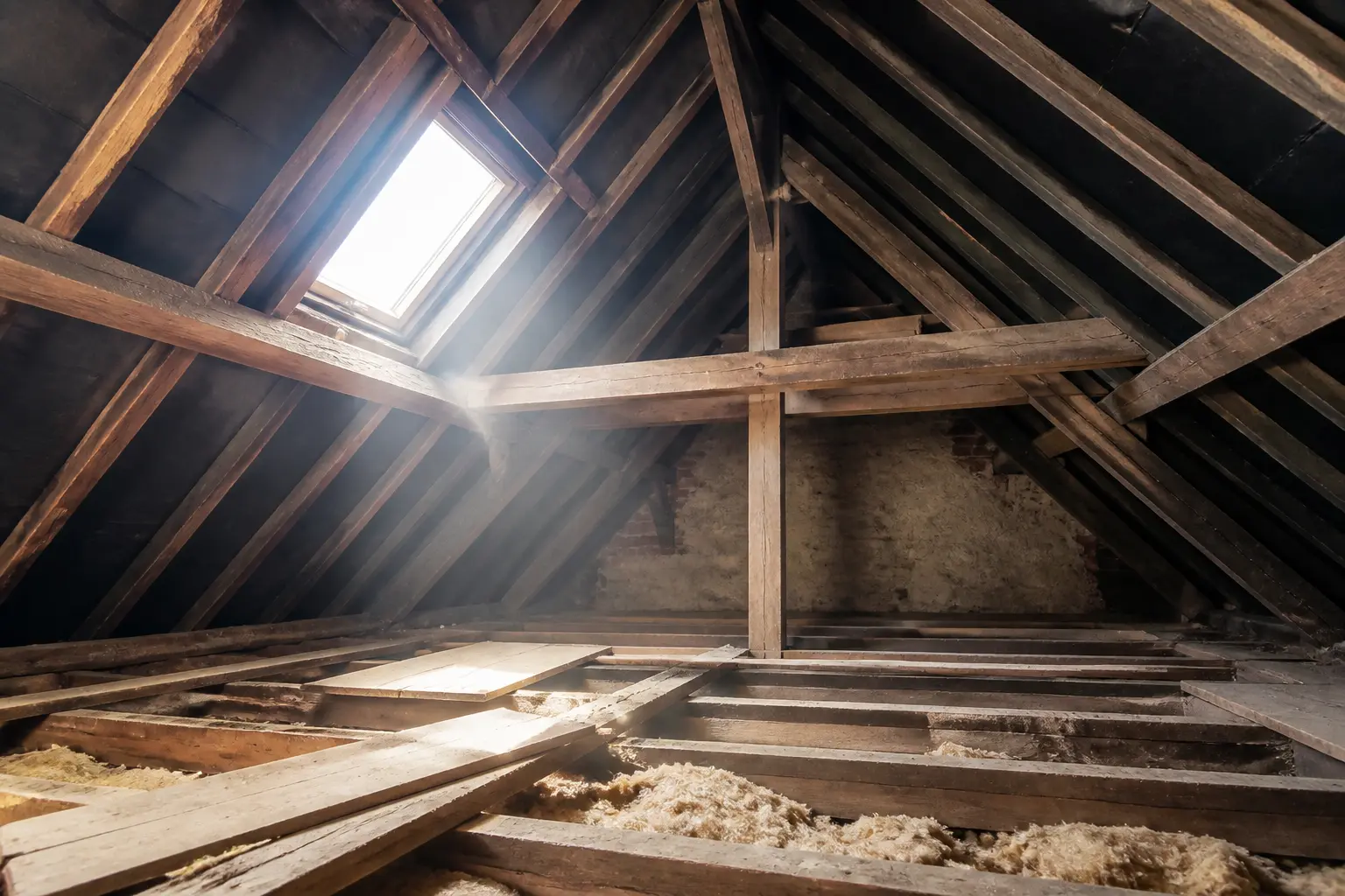 Comble aménagé sous toiture ancienne, charpente apparente et lumière naturelle entrant par une petite fenêtre de toit
