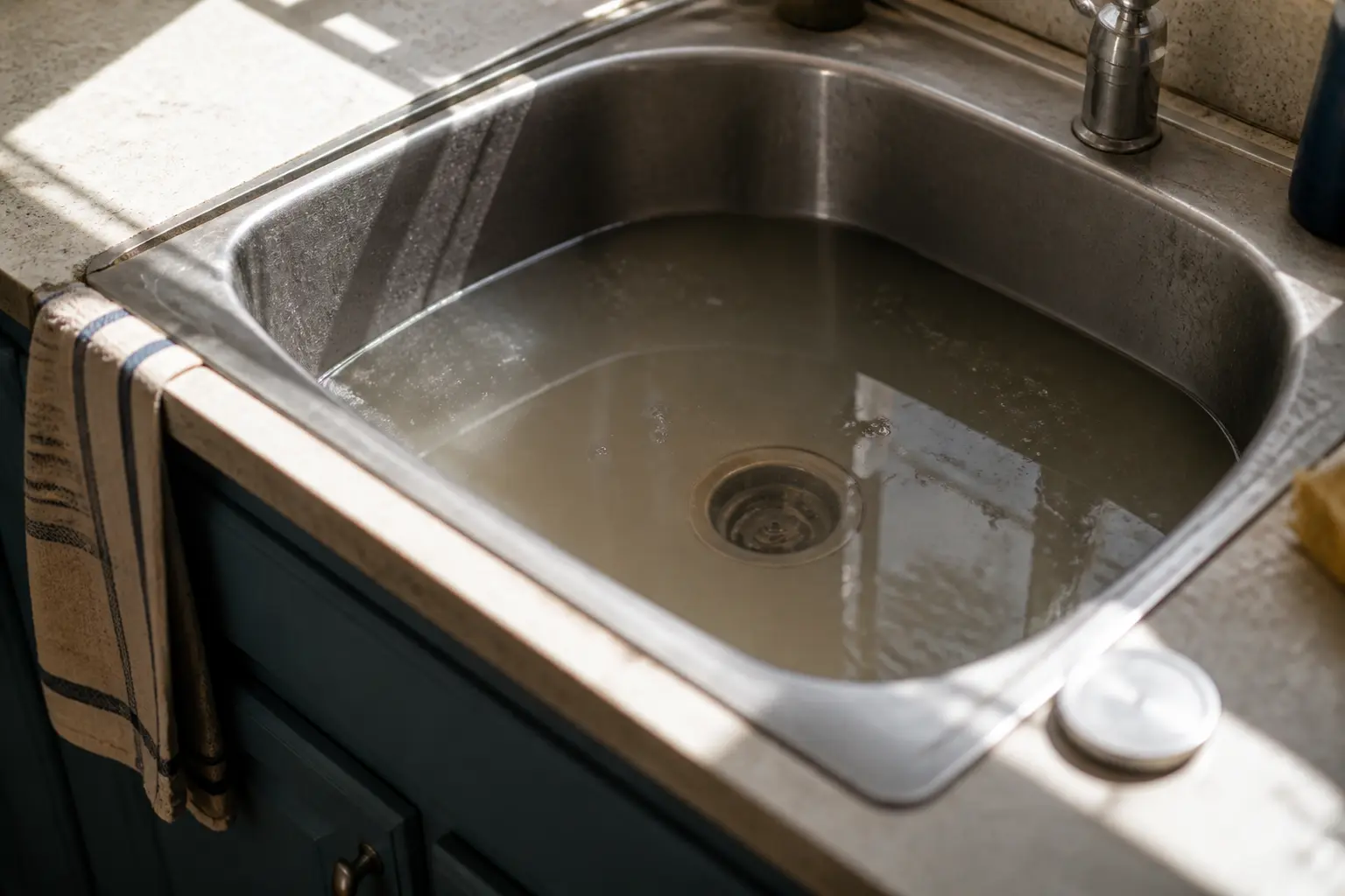 Évier de cuisine très bouché avec eau stagnante, illustrant comment déboucher un évier très bouché.