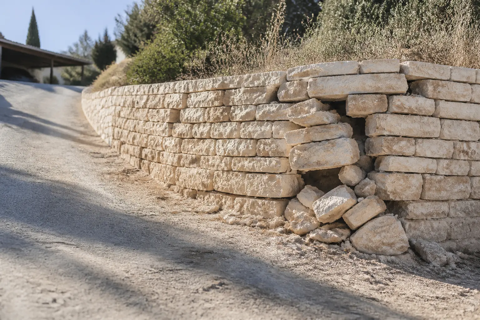 Consolider un mur en pierre qui penche dans un jardin, avec joints fissurés et ombres dures au soleil