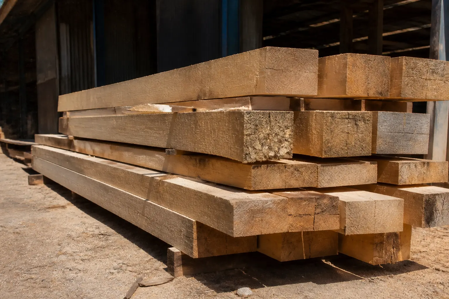 Poutres de bois brut empilées en demi chevron dans une scierie, lumière dure et poussière en suspension