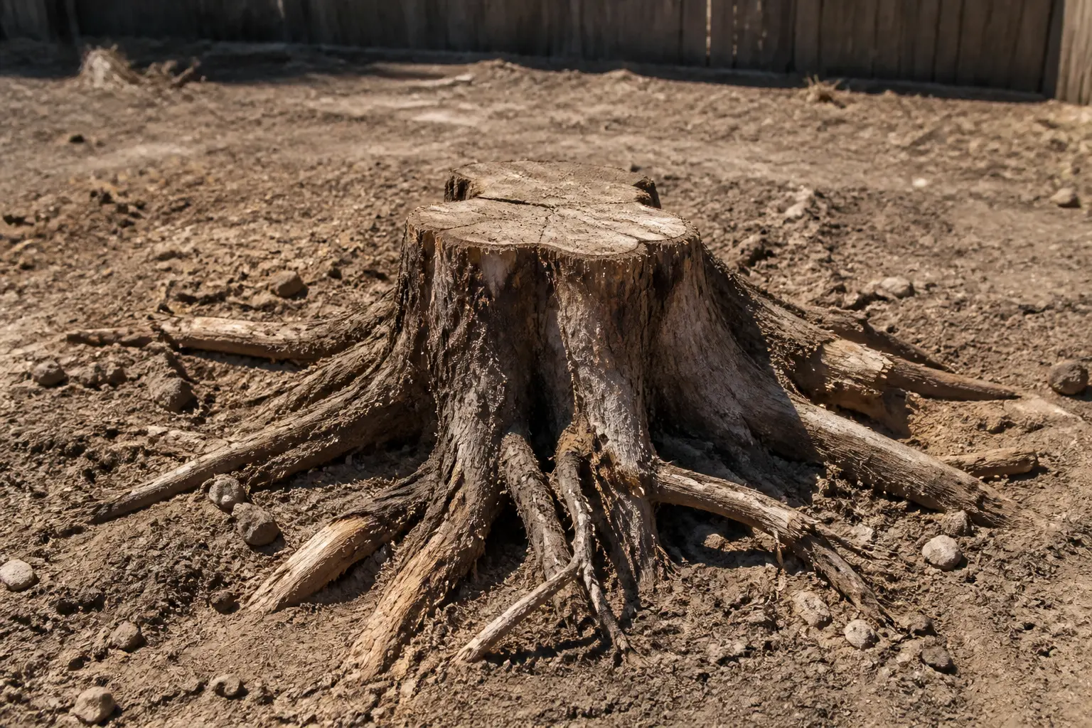 Déssouchage arbre : souche fraîchement coupée et racines exposées dans un jardin dégagé, sol sec au soleil.