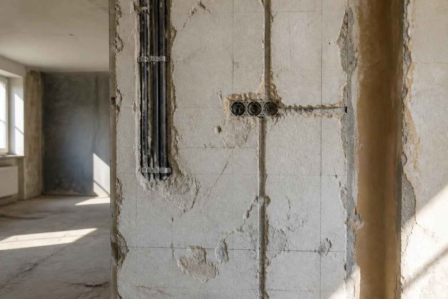 Chantier de rénovation dans un appartement vide, mur intérieur avec gaines électriques apparentes, électricité avant ou après isolation