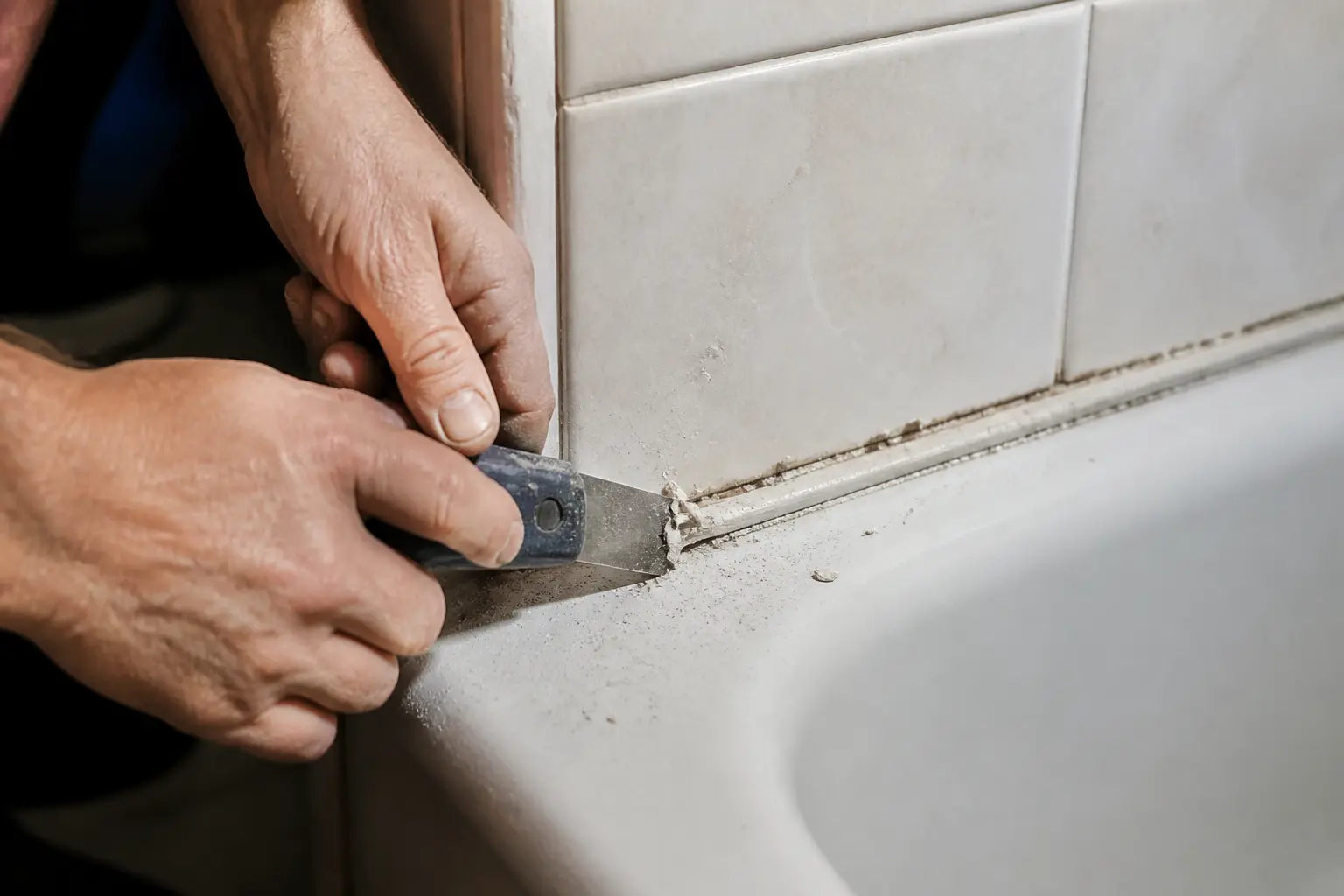 Mains en train d’enlever joint silicone sur le bord d’une baignoire, gros plan dans une salle de bain carrelée.