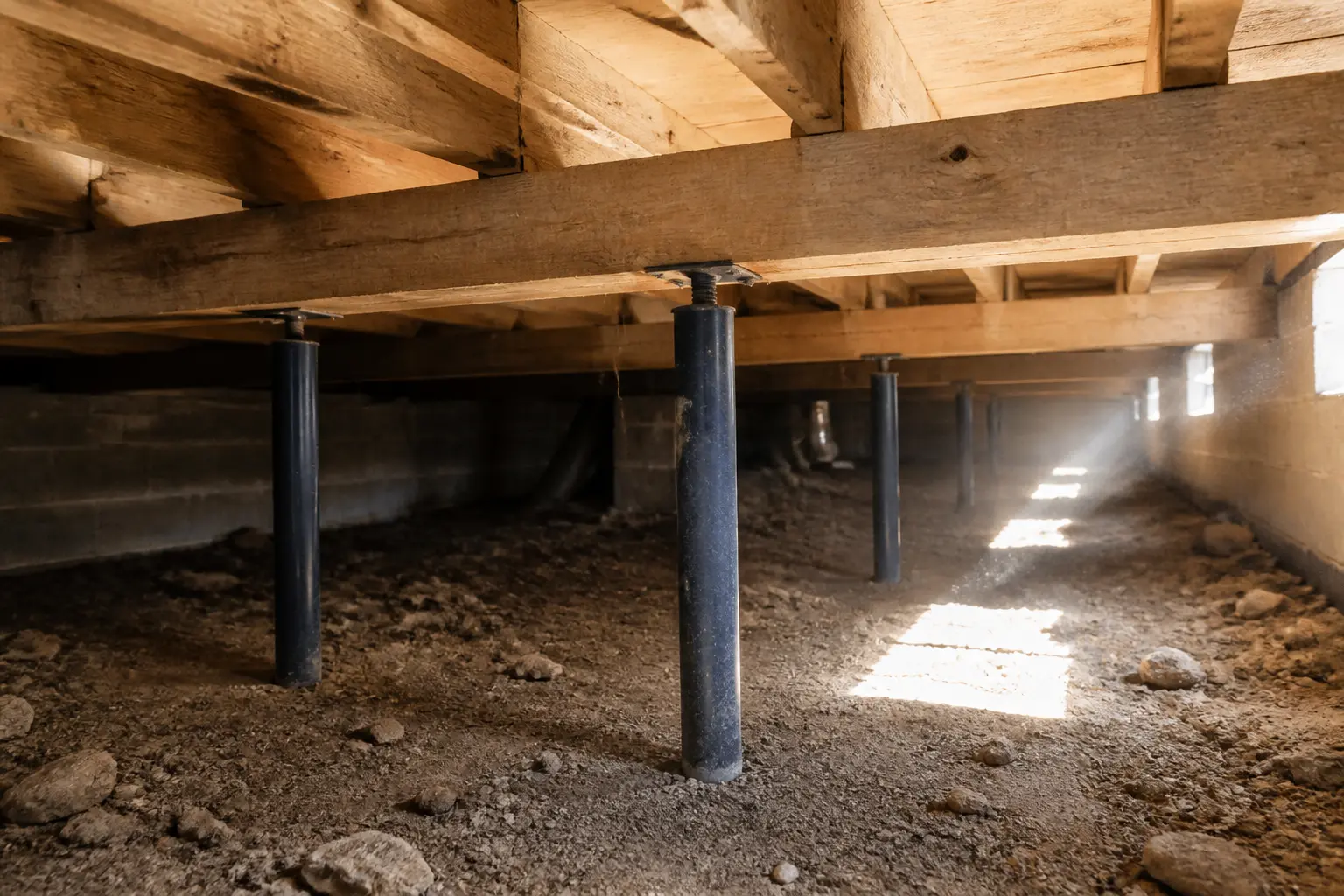 Sous un plancher en bois, vue d’un vide sanitaire avec solives apparentes, pour l’isolation plancher bas.