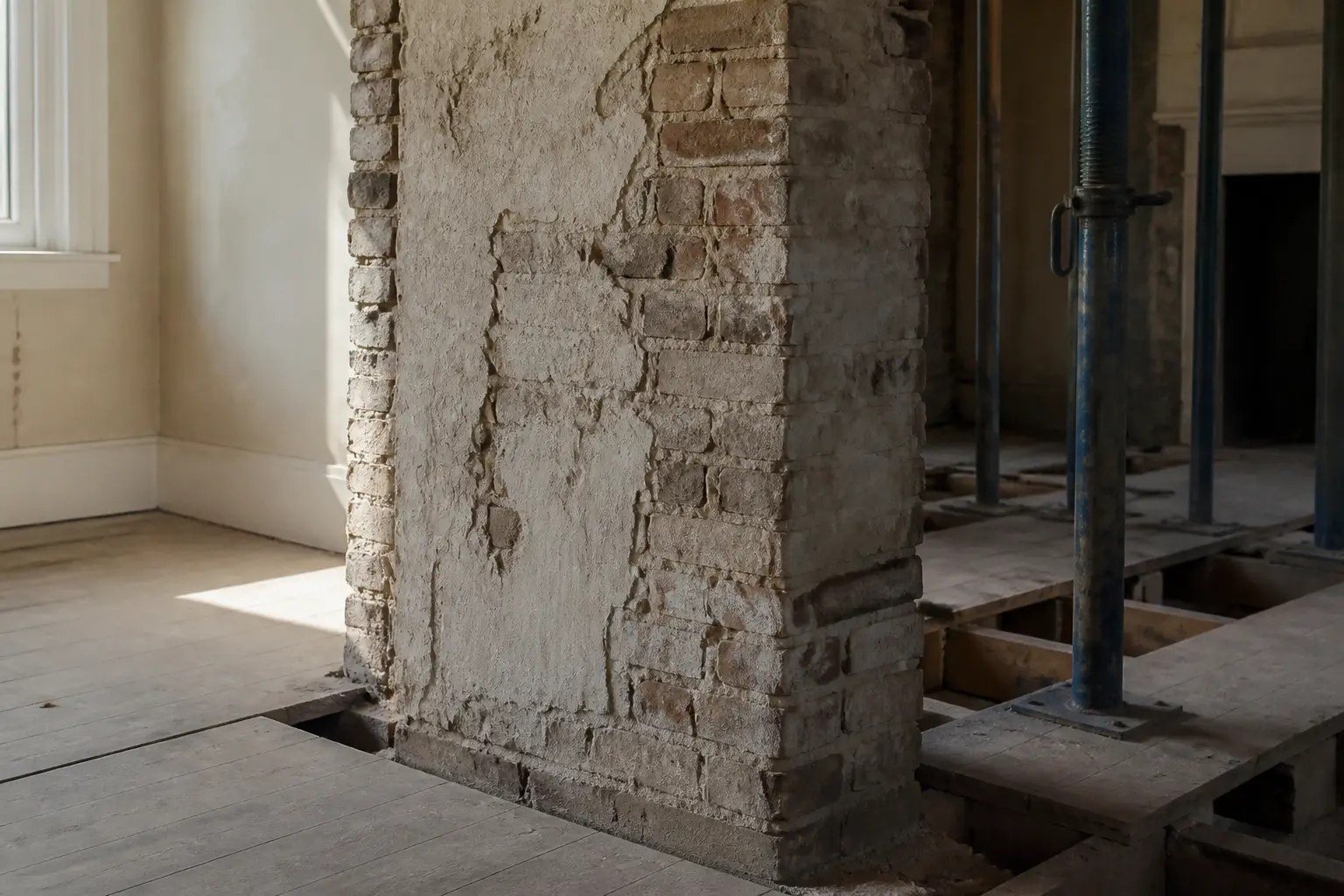 Mur de refend en maçonnerie apparente dans une maison ancienne en rénovation, lumière naturelle et poussière visible