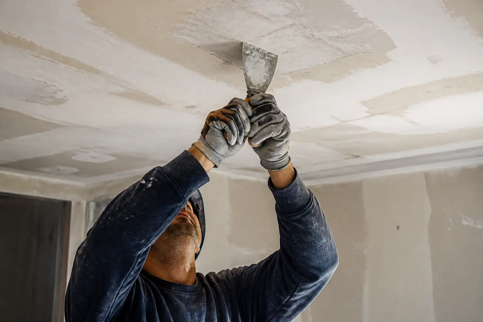 Ouvrier réparant un plafond abîmé avant de peindre un plafond, dans une pièce en rénovation poussiéreuse.