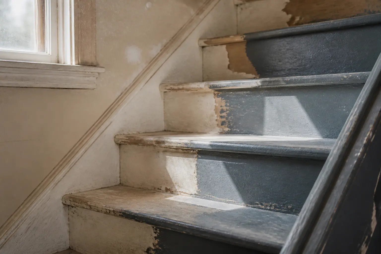 Peinture bois escalier en rénovation, marches usées d’un vieil escalier résidentiel, poussière et lumière naturelle.