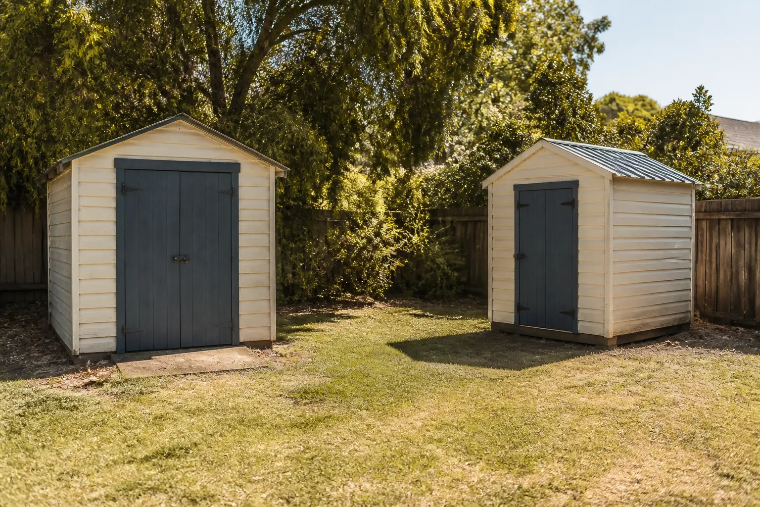Deux abris de jardin en bois dans un jardin résidentiel, illustrant peut on mettre 2 abris de jardin de 5m2, avec clôture et pelouse.