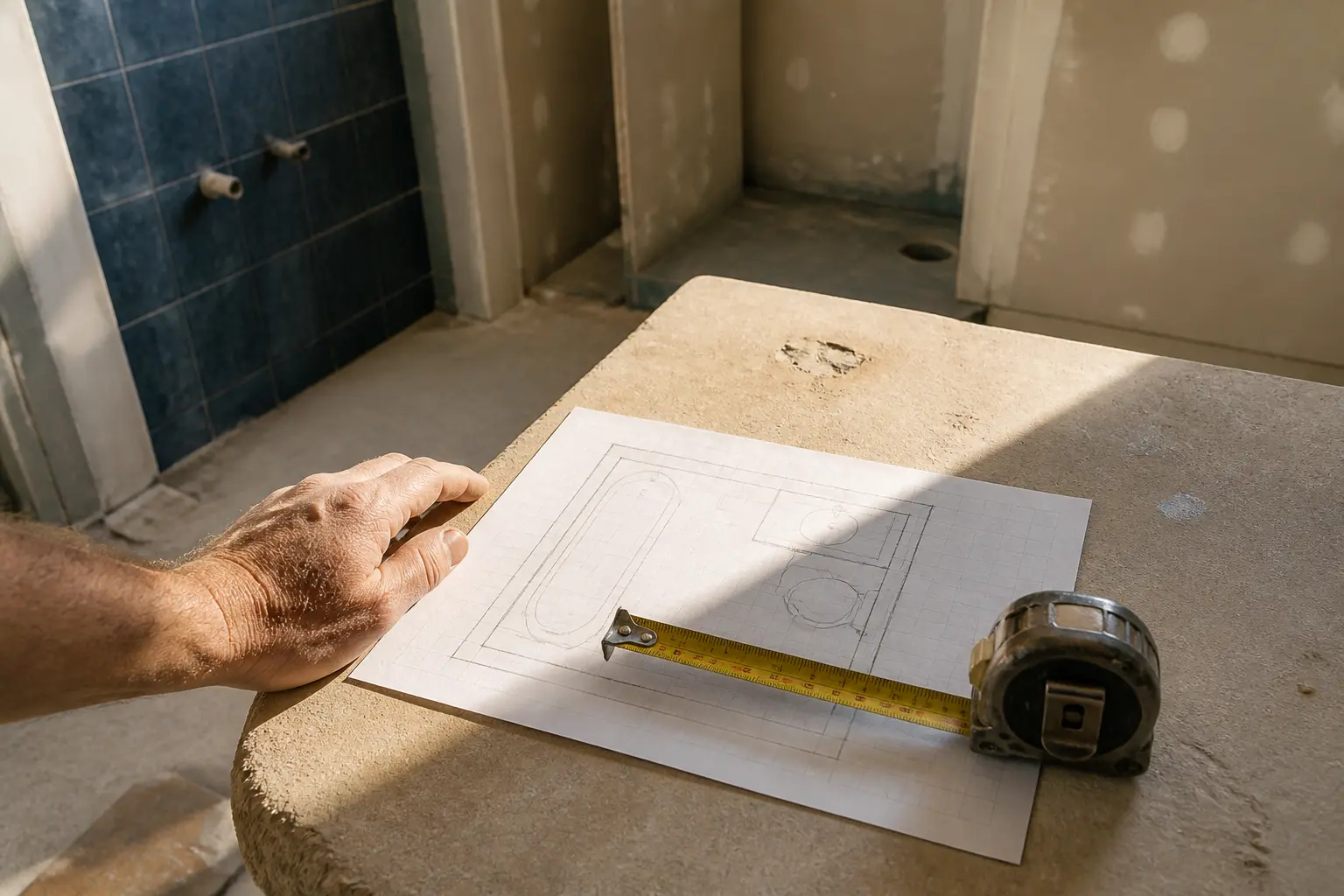 Plan de salle de bain dessiné à la main avec mètre ruban sur un plan de travail, dans une salle de bain en rénovation