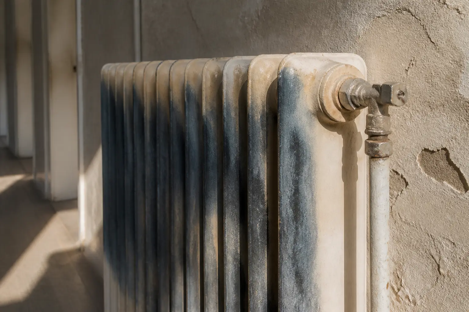 Purger radiateur fonte dans un couloir résidentiel, gros plan sur un vieux radiateur en fonte et sa vanne, lumière dure.