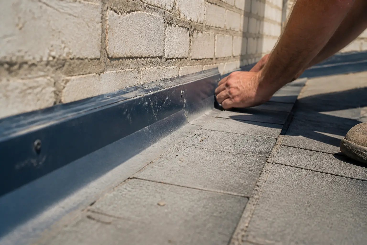 Solin contre mur sur façade en maçonnerie, jonction toiture-mur en gros plan sous lumière vive et poussière visible