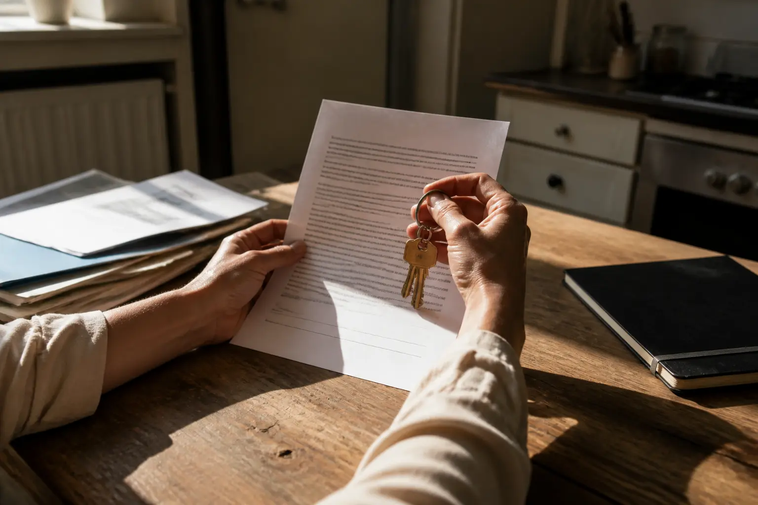 Mains tenant un contrat de location et des clés d’appartement, illustrant le statut bailleur privé dans une cuisine ancienne.
