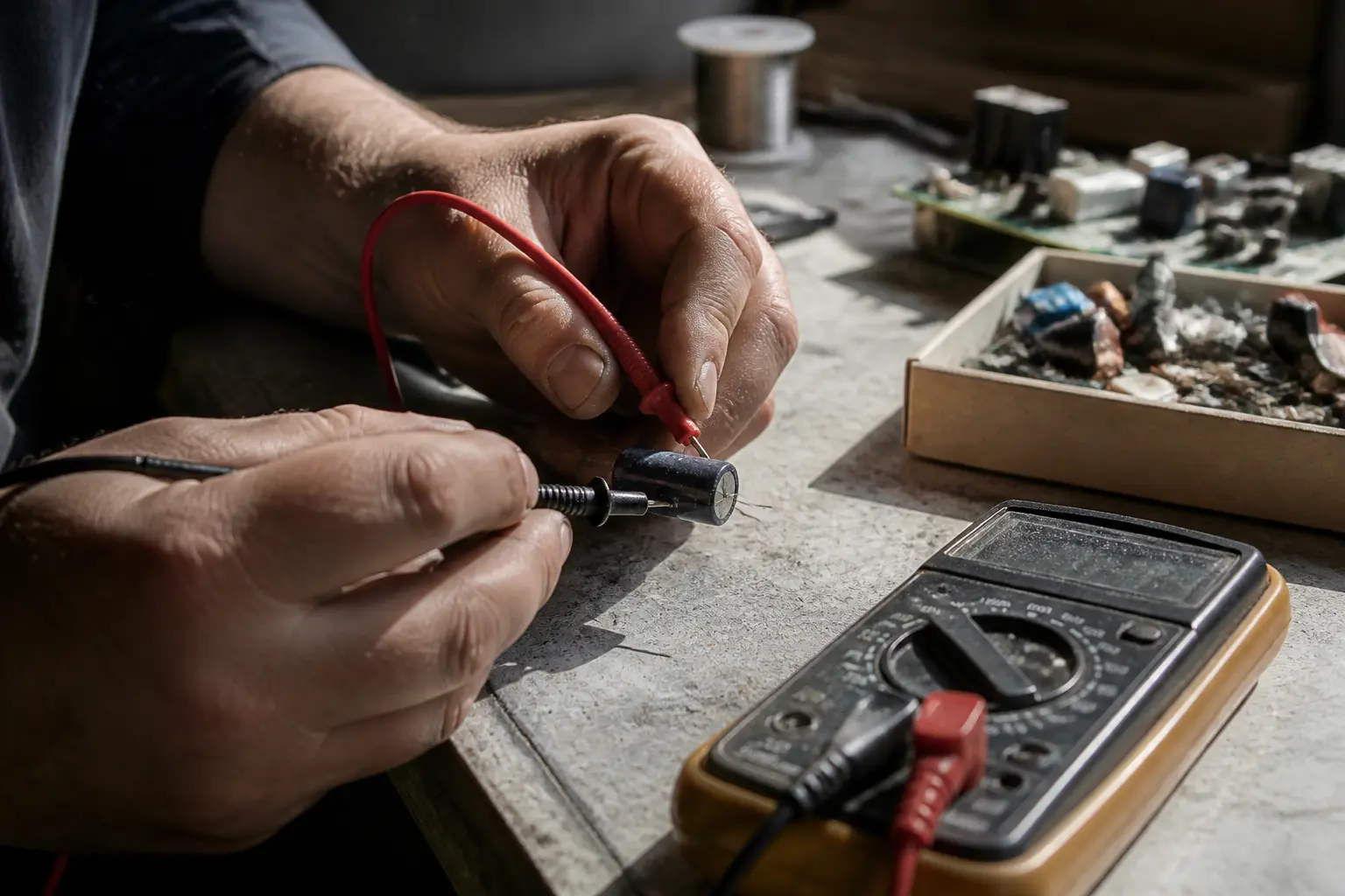 Mains testant un condensateur avec un multimètre sur un établi d’atelier électronique, gros plan réaliste pour tester un condensateur