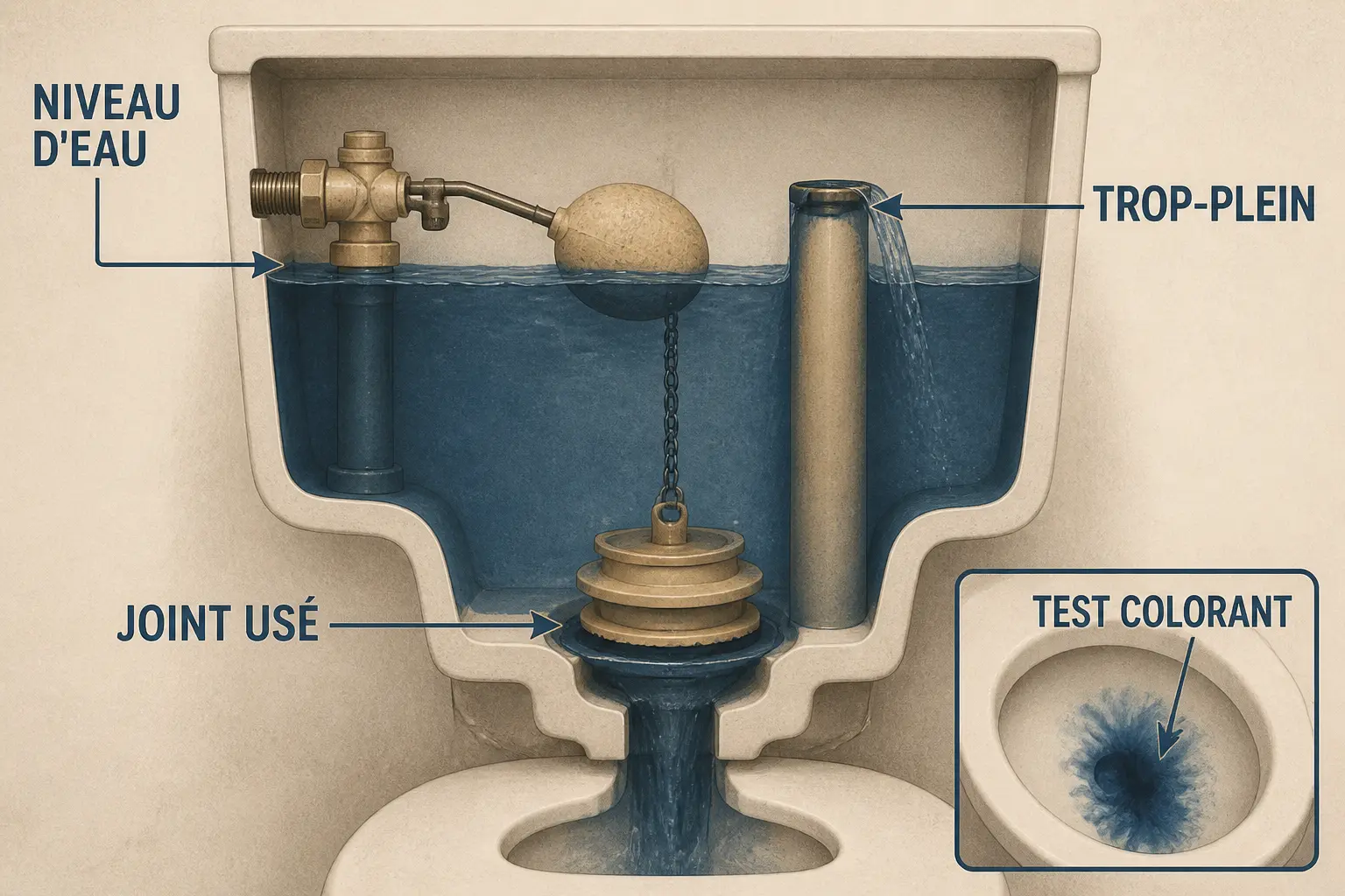 Chasse d'eau qui fuit : coupe d’un réservoir WC montrant niveau d’eau, trop-plein, joint usé et test colorant.