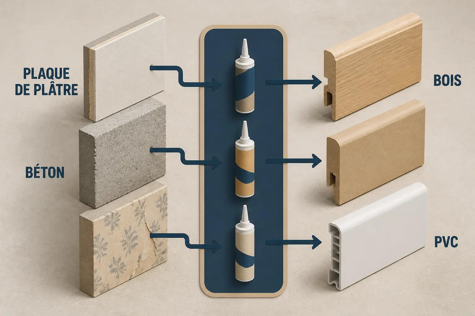 Guide visuel du collage plinthes : compatibilité colle entre plaque de plâtre, béton, bois et plinthes PVC.