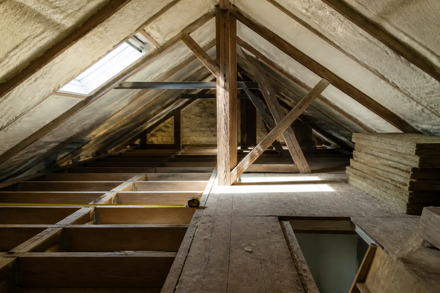 Comble aménagé en rénovation, charpente apparente, mètre ruban, isolation et faible hauteur sous toiture.