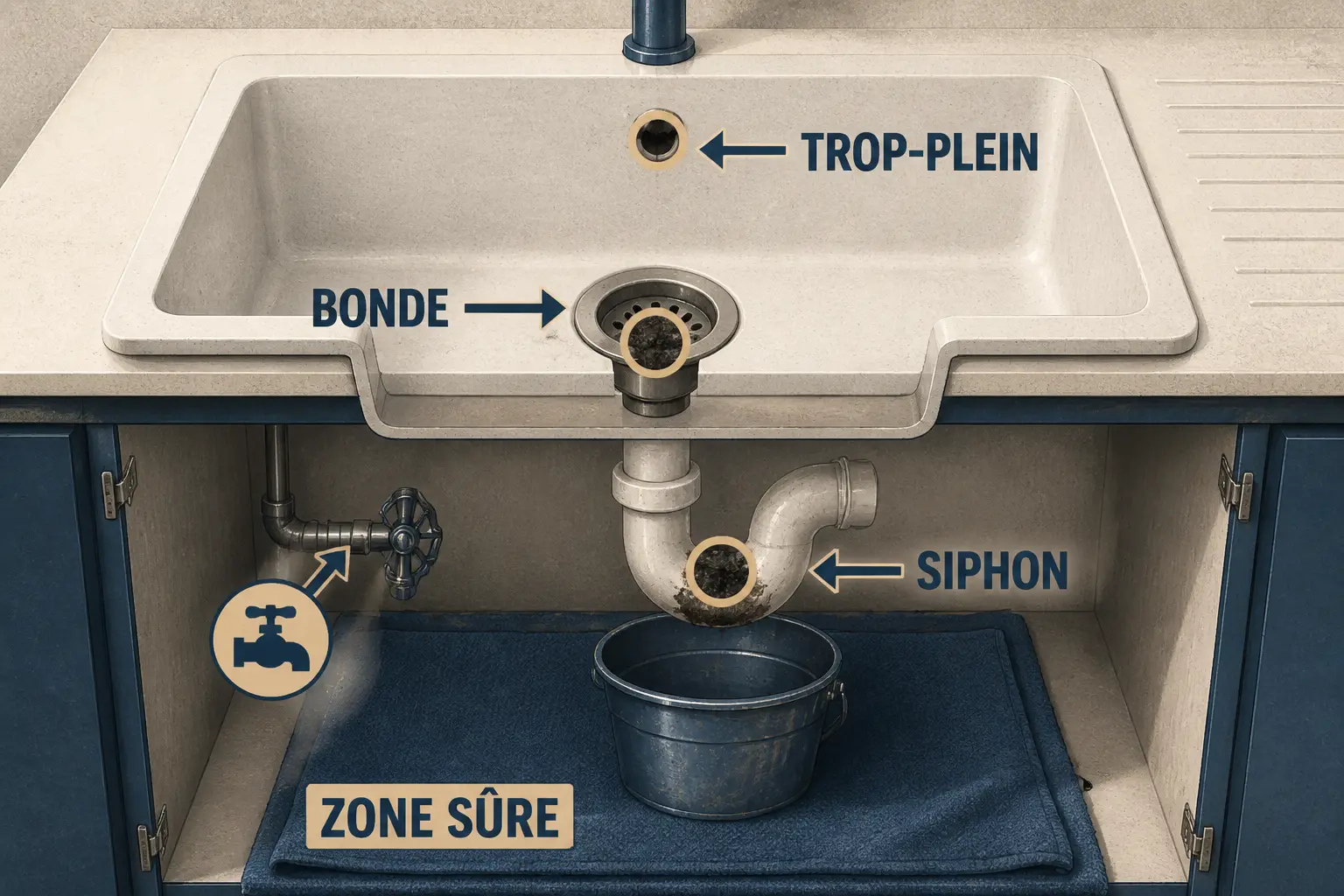 Comment déboucher un évier très bouché : schéma du bouchon, siphon, trop-plein et zone sûre sous l’évier.
