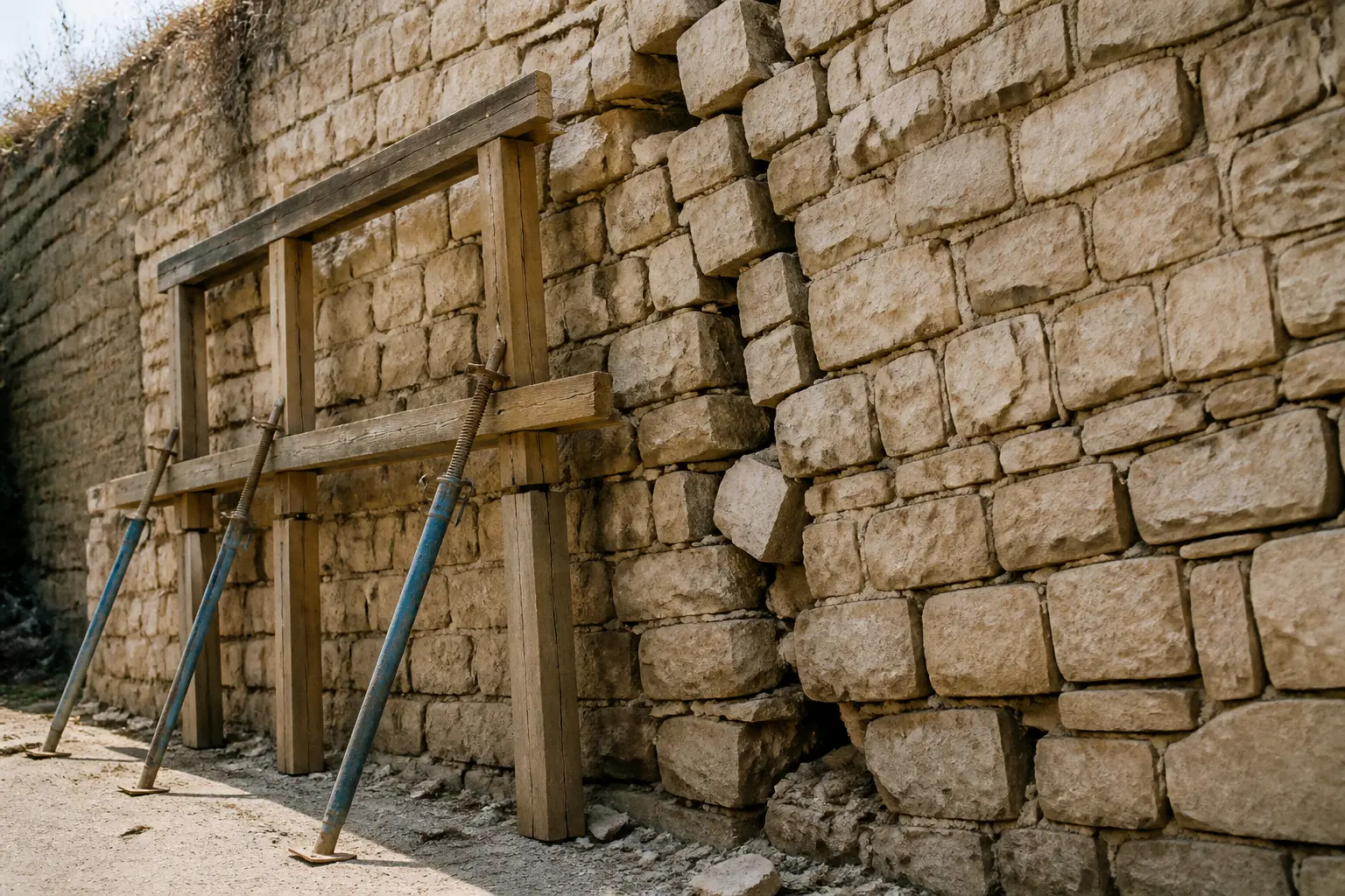 Consolider un mur en pierre qui penche avec étais en bois et étais métalliques, fissures et pierres descellées visibles.