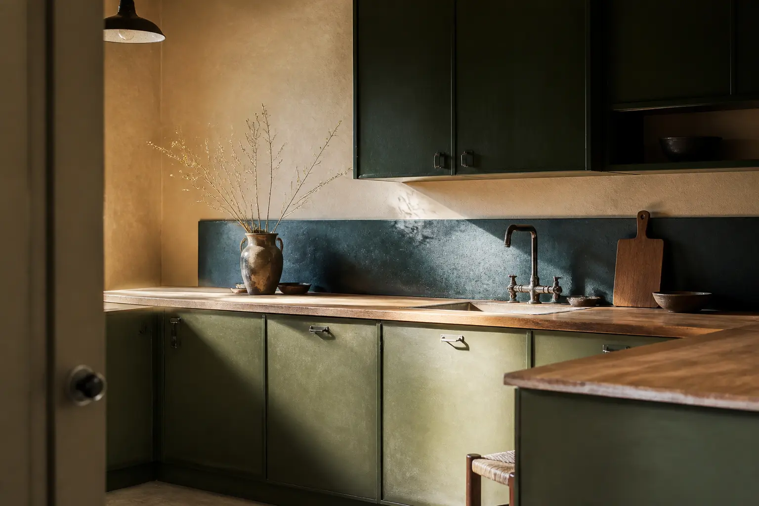 Cuisine verte contemporaine en lumière naturelle, façades sauge et vert forêt, plan de travail chêne brut, textures authentiques