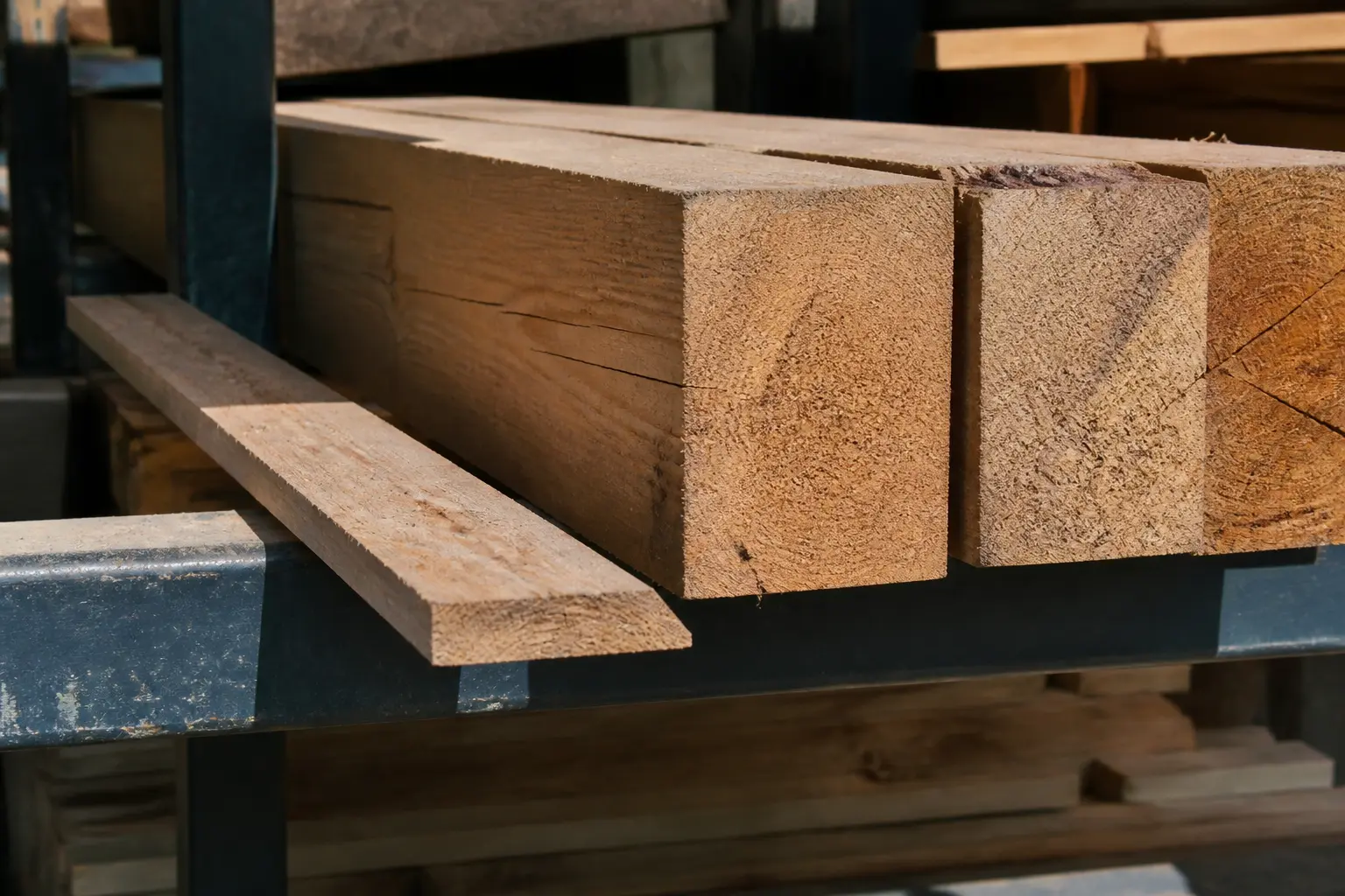 Demi chevron en bois brut au premier plan, comparé à des poutres plus épaisses dans une cour à bois poussiéreuse.