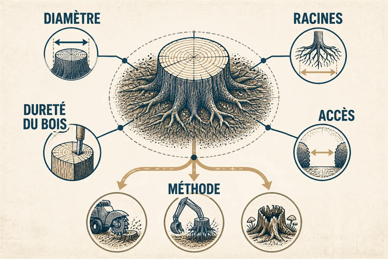 Schéma de déssouchage arbre : souche, racines, diamètre, accès et méthode de retrait à choisir.