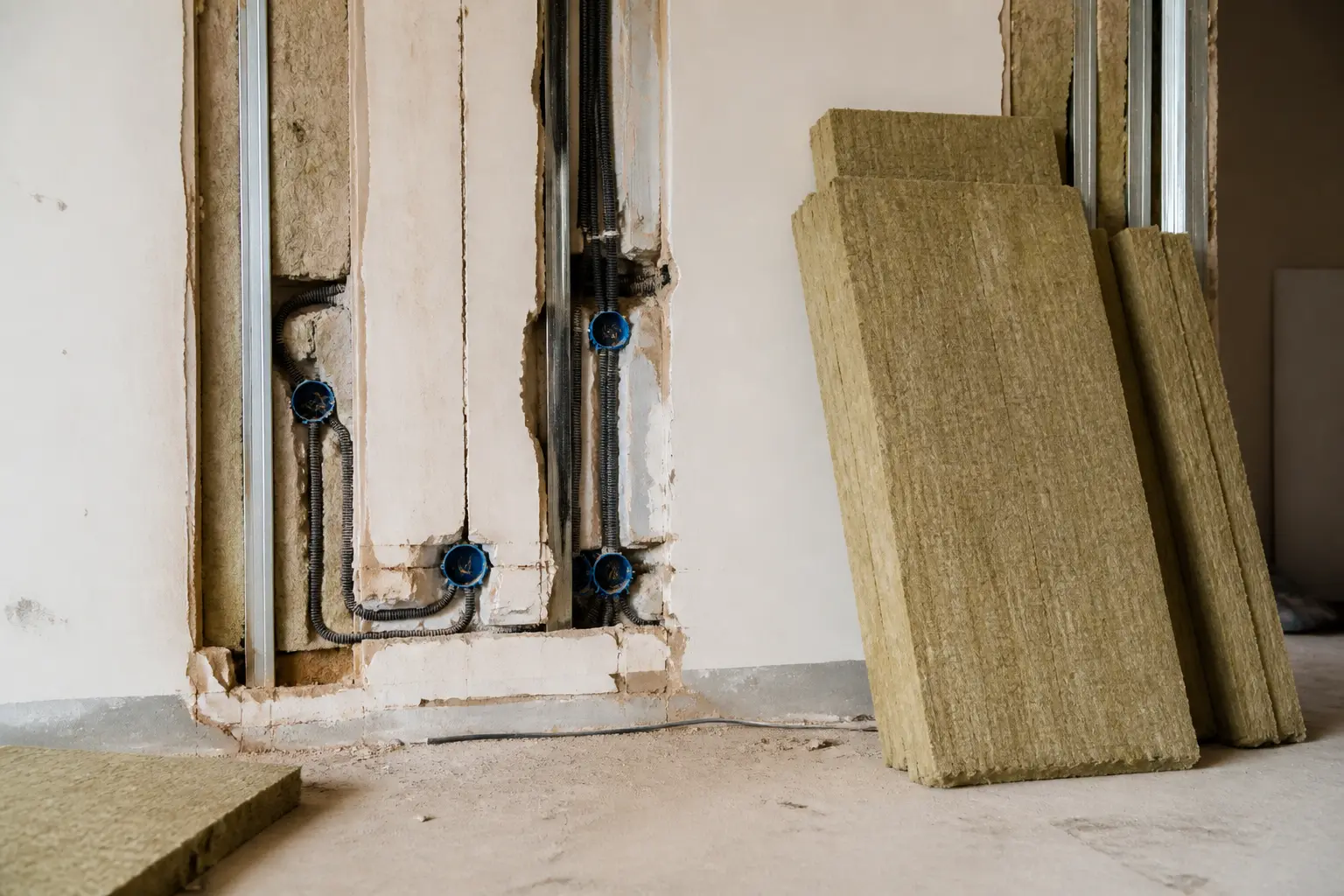 Chantier de rénovation montrant électricité avant ou après isolation : câbles apparents, boîtiers et panneaux de laine minérale.