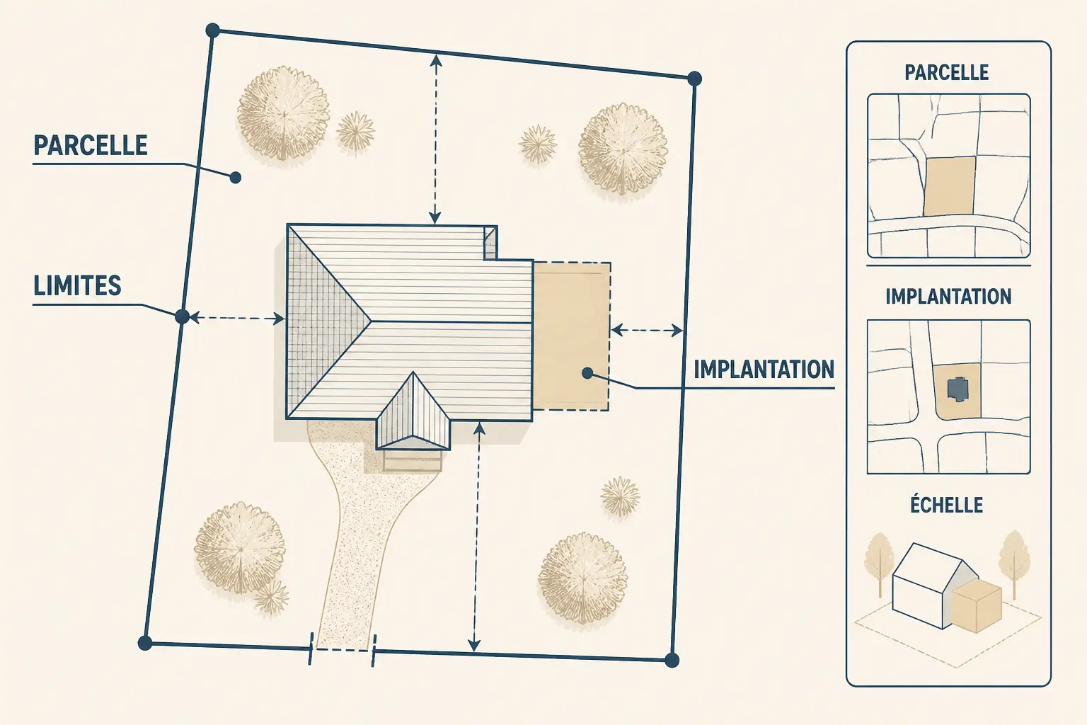 Exemple de plan de masse : schéma cadastral d’une parcelle avec maison, extension, limites, accès et échelle.