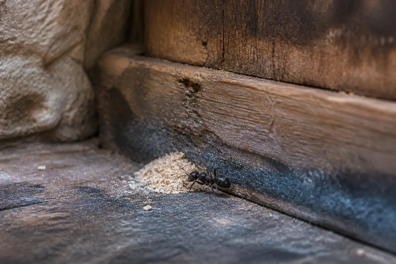 Fourmis charpentières près d’une poutre humide, avec sciure fraîche dans un angle de maison ancienne.