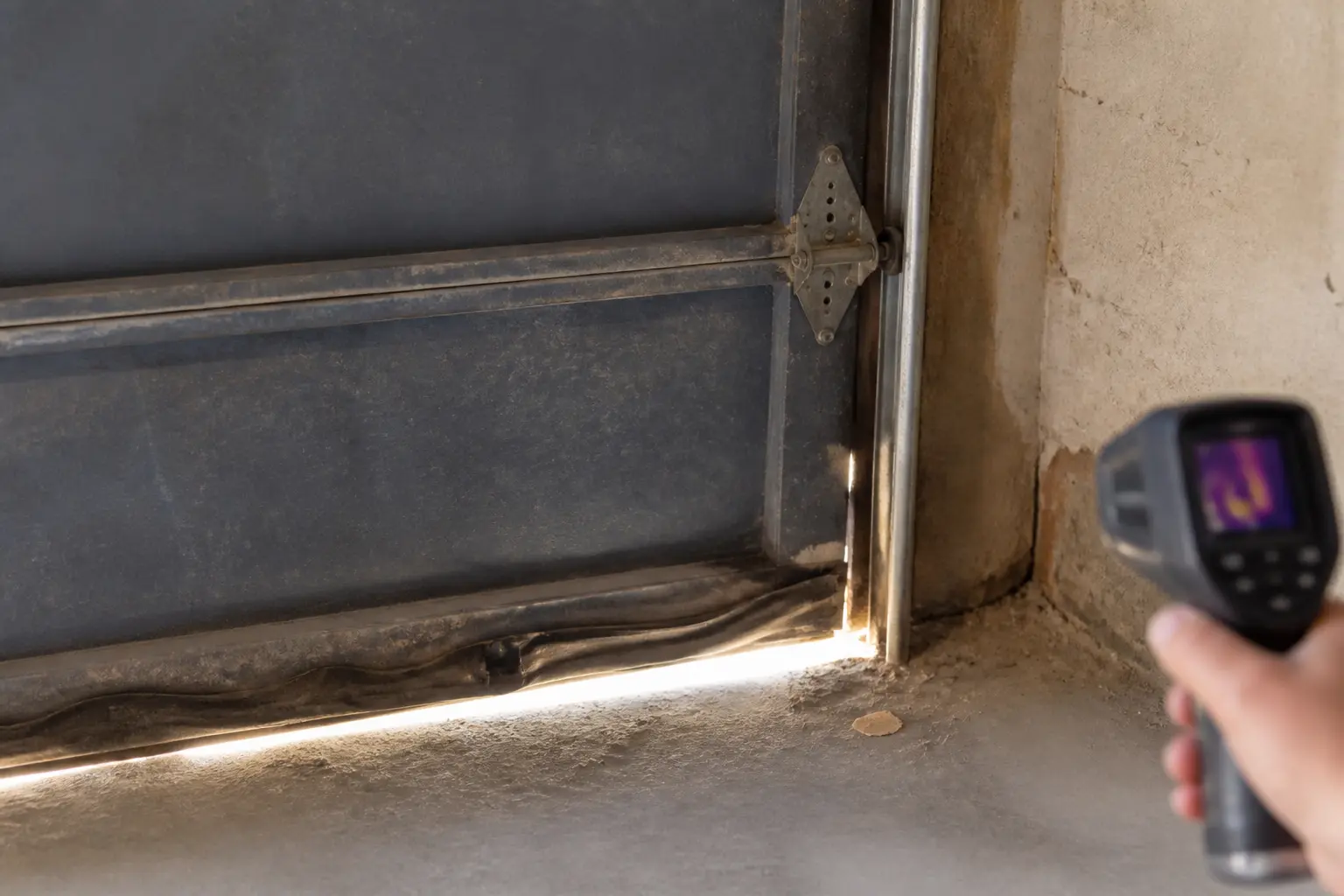 Diagnostic de l’isolation des portes de garage sur une porte métallique usée, joints et seuil laissant passer la lumière