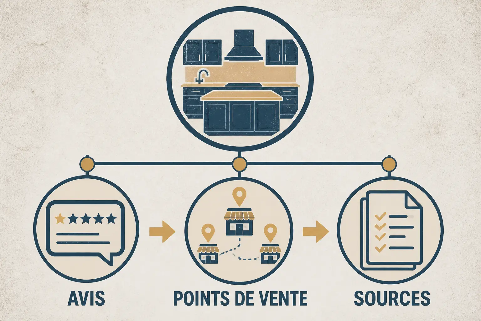Infographie sur les cuisinistes à éviter : avis récents, points de vente incohérents et vérification des sources avant signature.