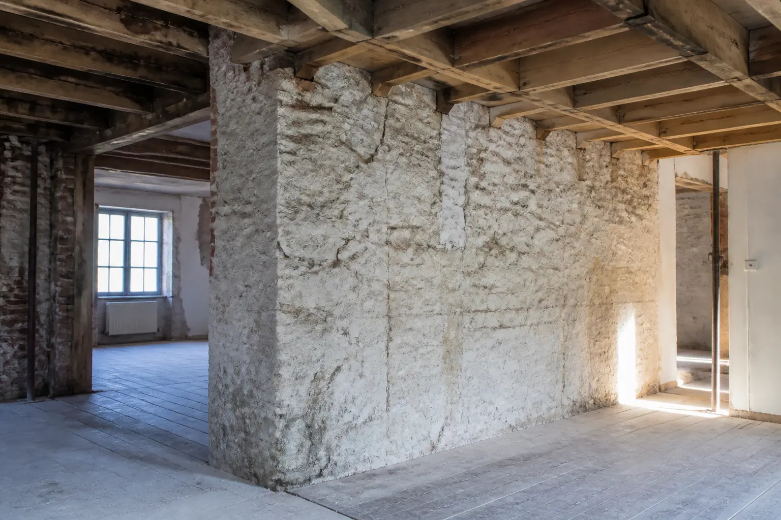 Mur de refend en maçonnerie dans une maison ancienne, soutenant les solives du plancher supérieur en rénovation