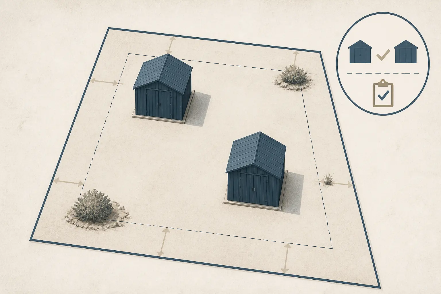 Schéma de terrain montrant peut on mettre 2 abris de jardin de 5m2, deux abris séparés avec distances aux limites du terrain.