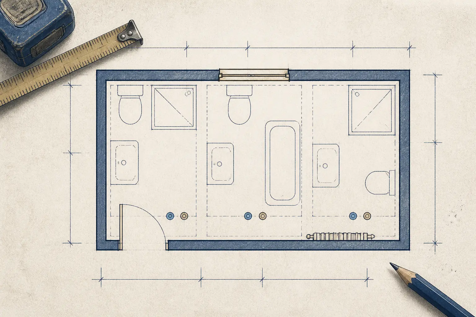 Plan de salle de bain à l’échelle, vue de dessus, avec cotes, porte, fenêtre, radiateur et options d’implantation sanitaire.